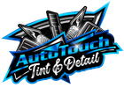 A blue and black logo for auto touch tint and detail