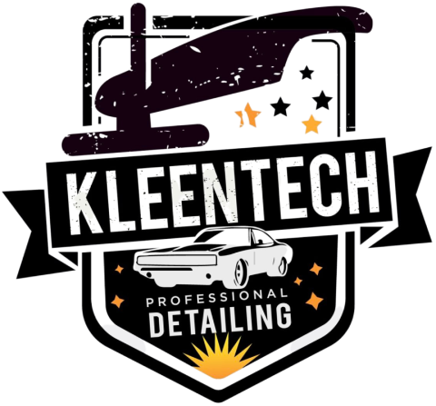 A logo for kleentech professional detailing with a car on it.