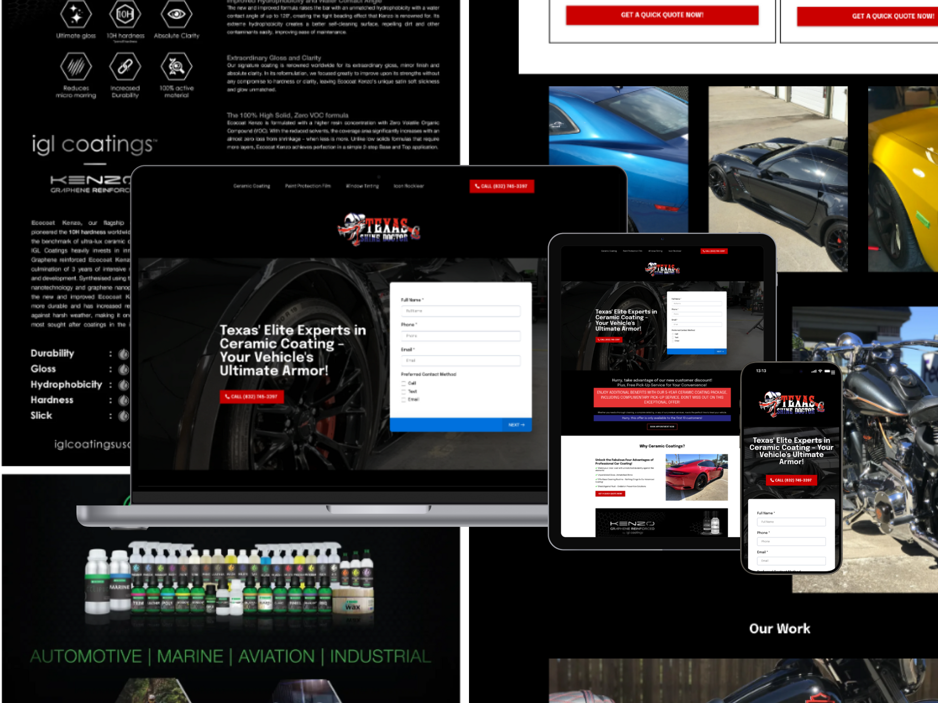 A collage of images on a laptop , tablet , and phone.