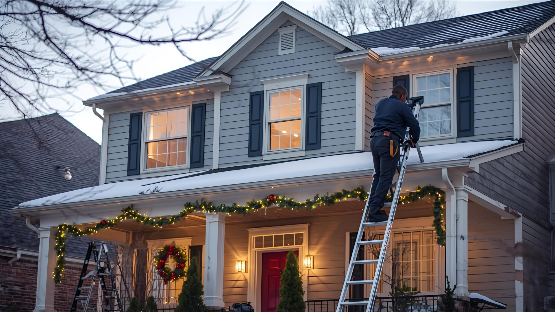 Man on ladder hanging Christmas lights on a two-story house with garland, wreath, and illuminated windows.