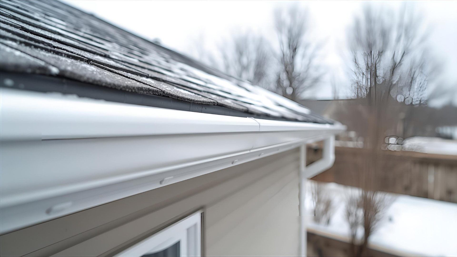 Little Rock, AR White house gutter with snow on roof; exterior view on overcast day.
