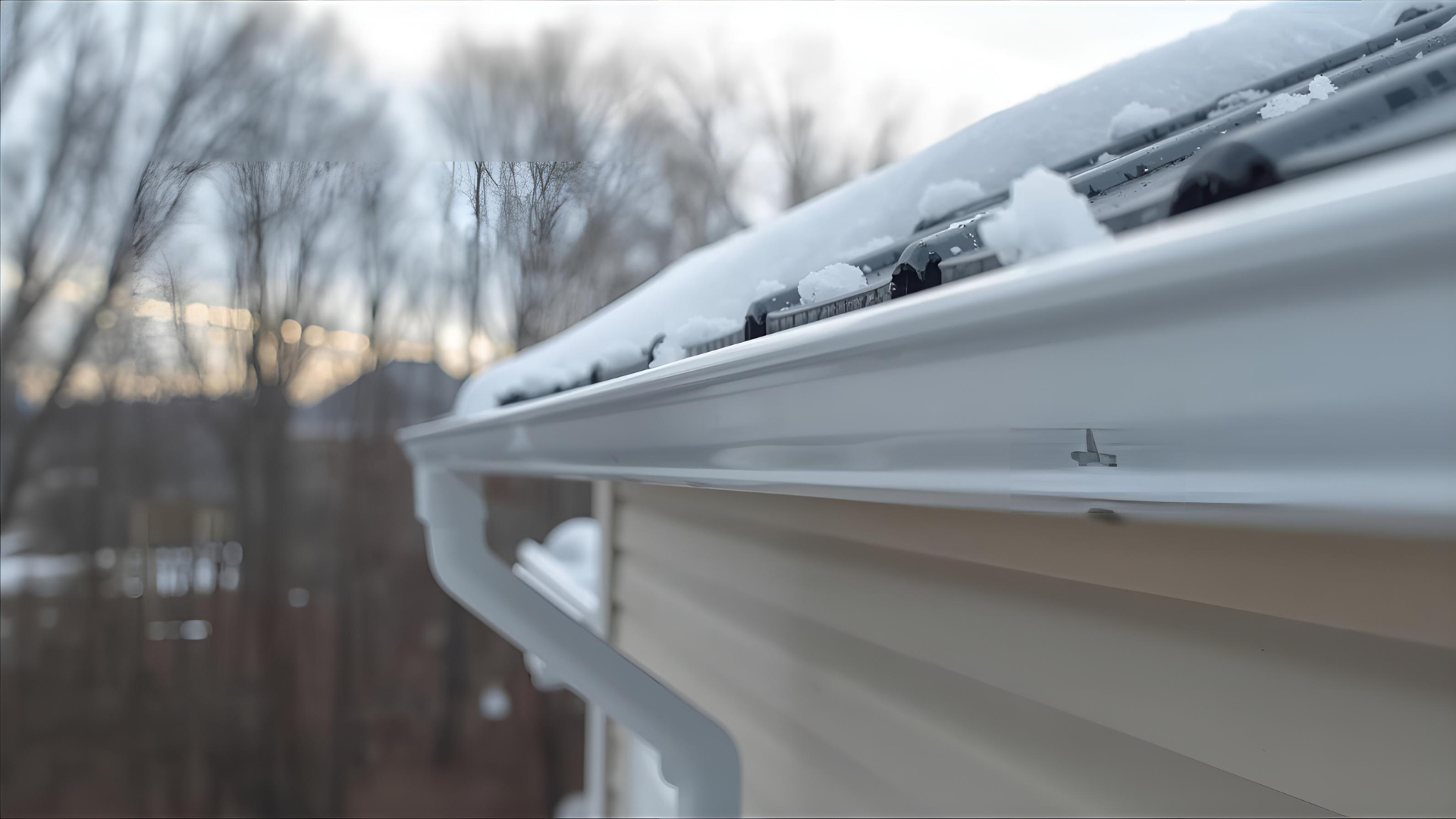 White roof gutter covered in snow, attached to the side of a building with trees in the background.