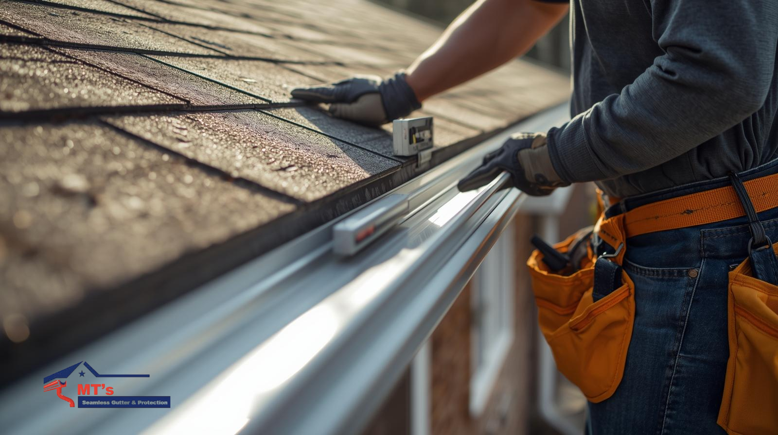 Person installing a gutter on a roof, wearing gloves and a tool belt in Little Rock, Arkansas.