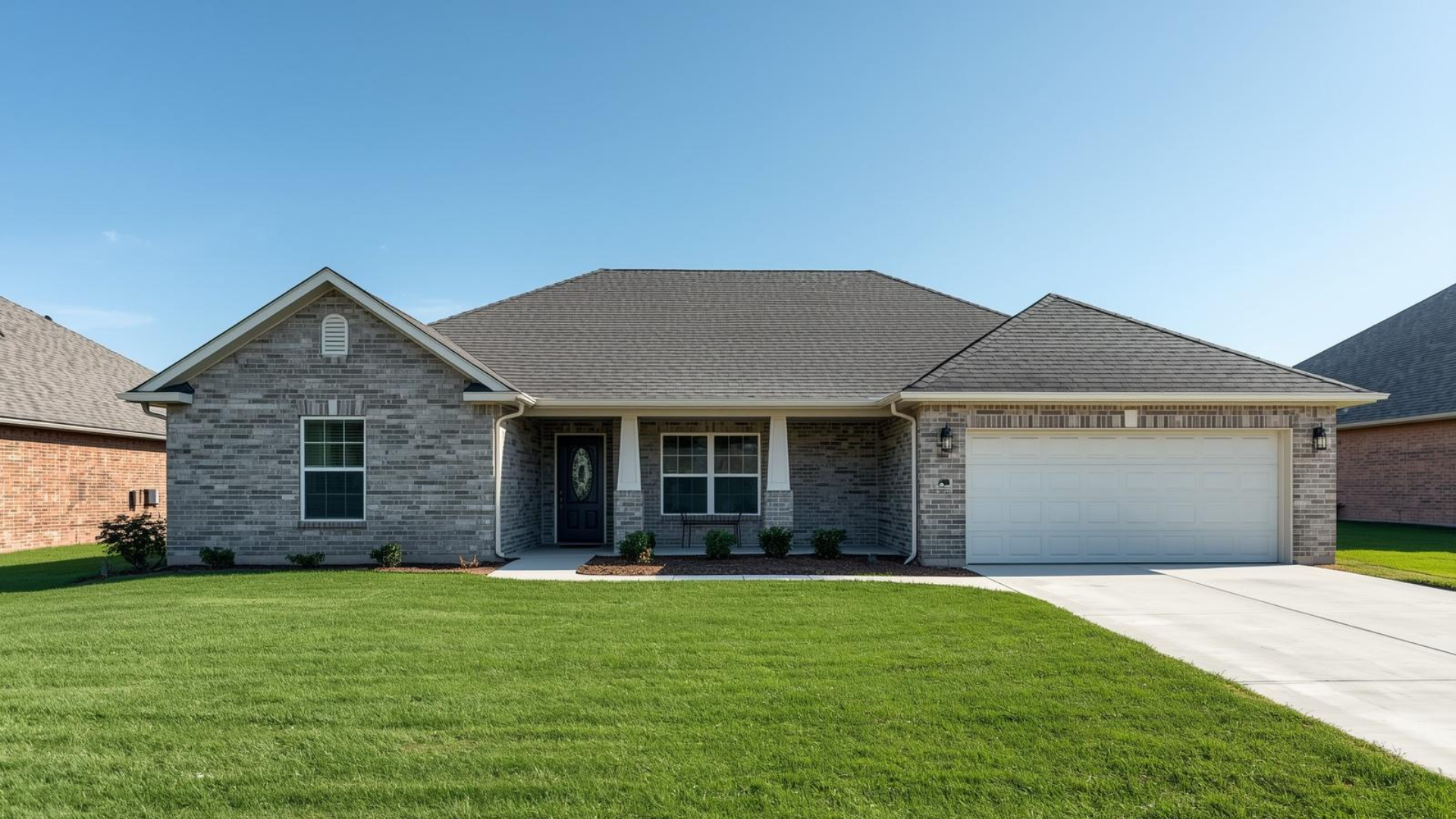 A single-story gray brick house with a dark shingle roof, a two-car garage, and a large front lawn under a clear blue sky.