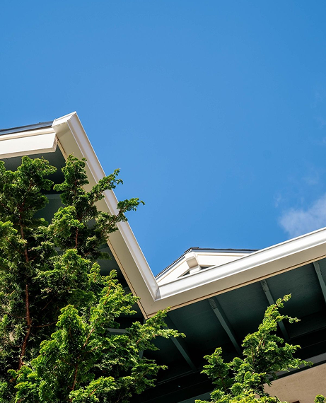 Roof of a building with white trim against a bright blue sky, partially obscured in Little Rock, AR