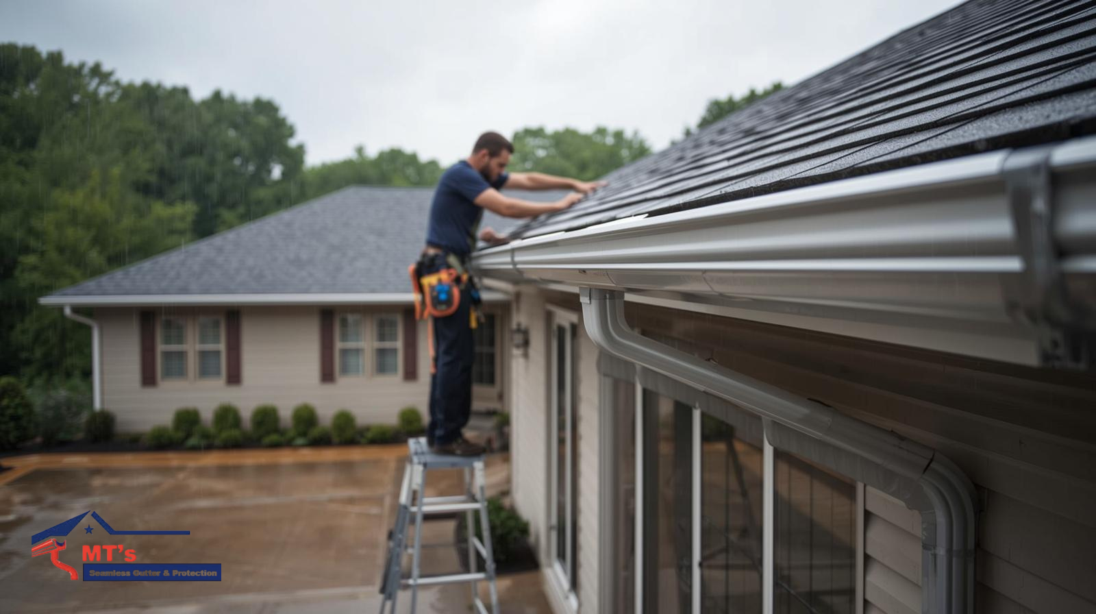 A worker on a ladder, installing seamless gutters along the roofline and gutters of a house