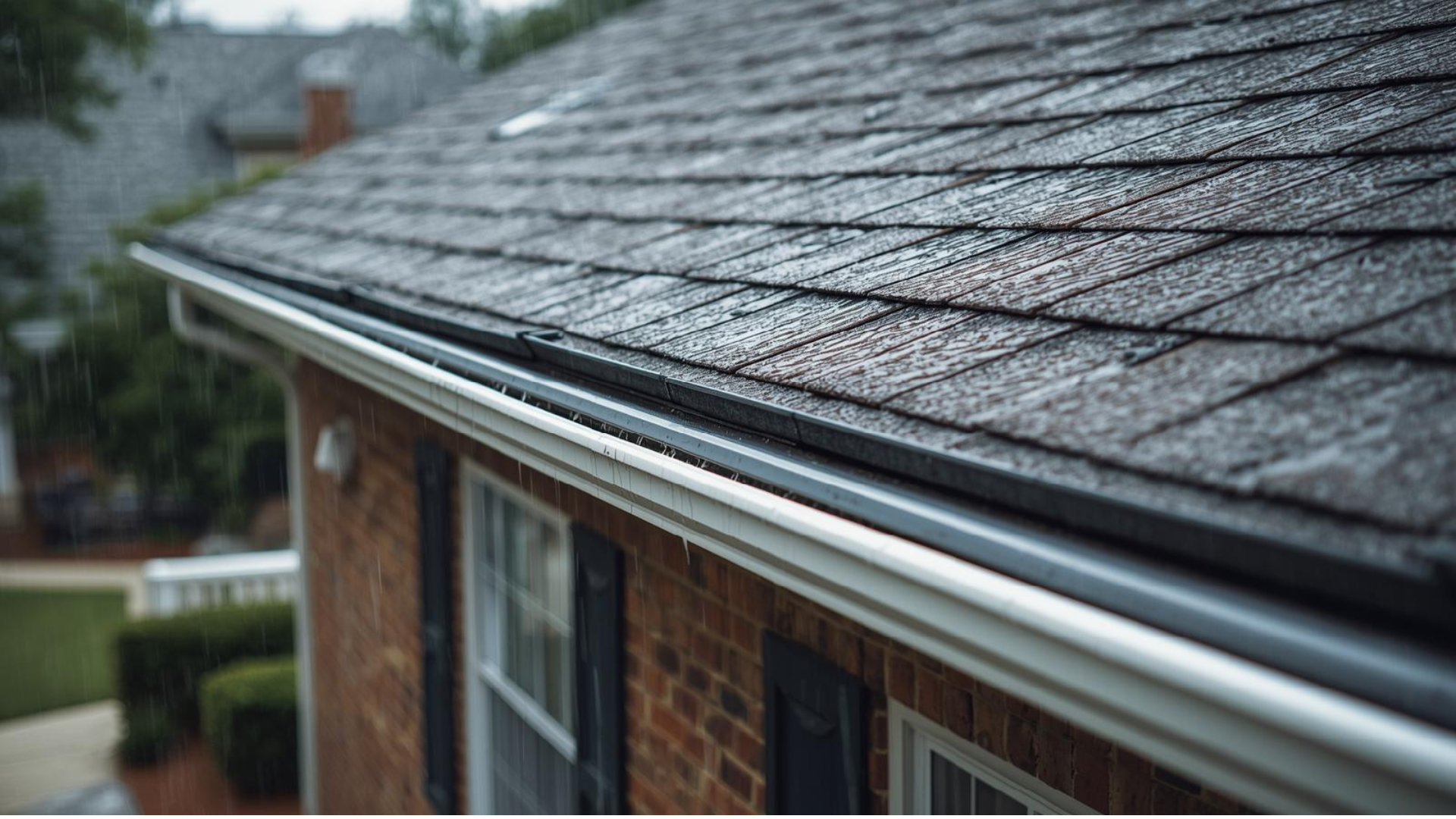 Rain on a house roof with dark shingles and white gutters. Brick wall visible.