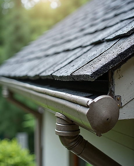Brown gutter and downspout attached to a North little rock roof with gray shingles.