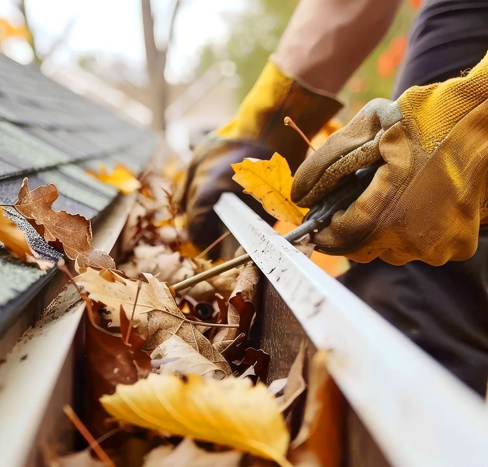 Person wearing gloves cleaning leaves from a gutter in Little Rock, Arkansas