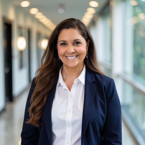Woman with long brown hair, smiling, wearing a navy blazer and white shirt in a brightly lit hallway.