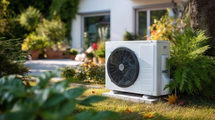 White outdoor air conditioner unit beside a house, surrounded by green shrubs and lawn.