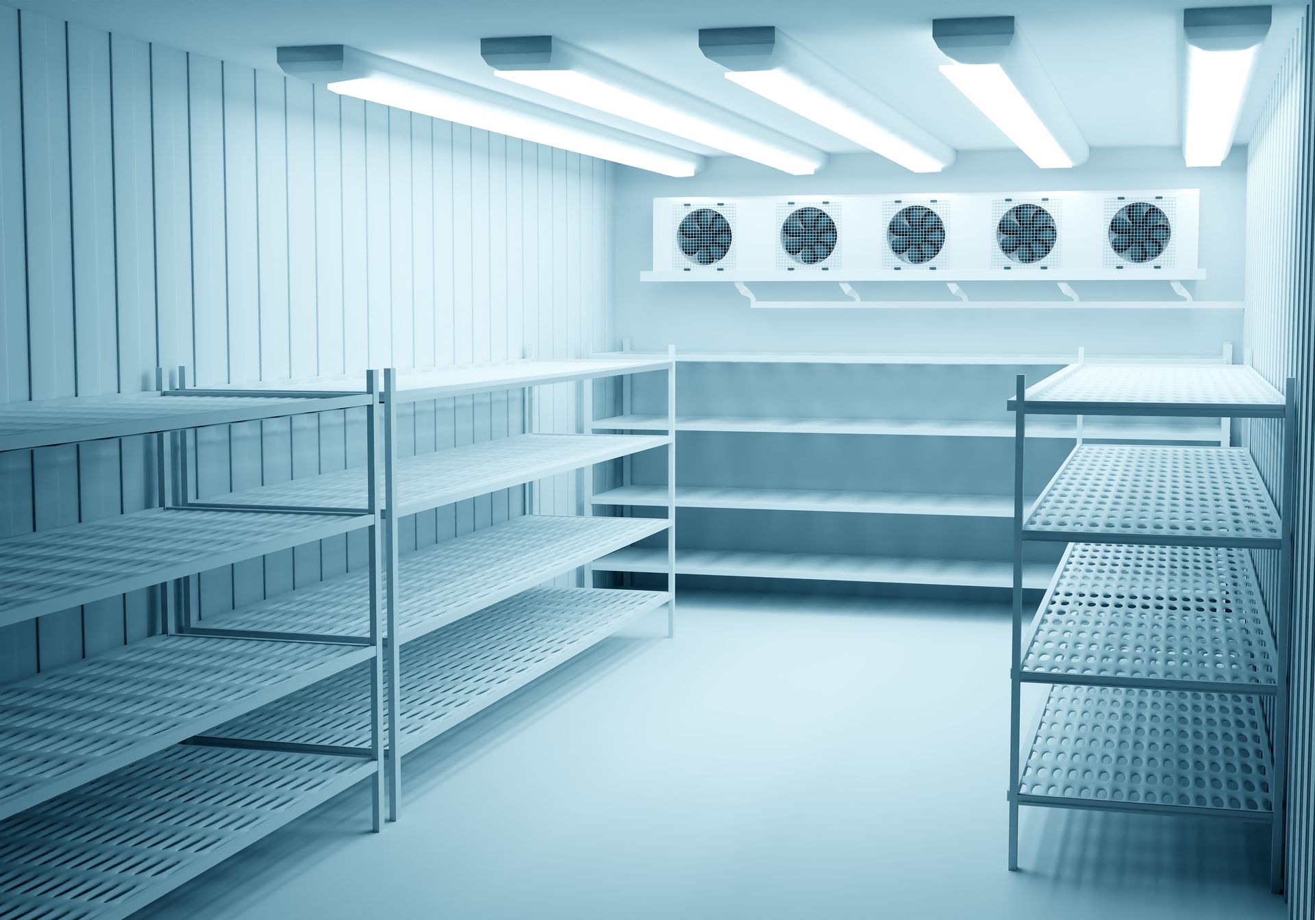 Empty refrigerated storage room with metal shelves and fan units, lit by bright fluorescent lights