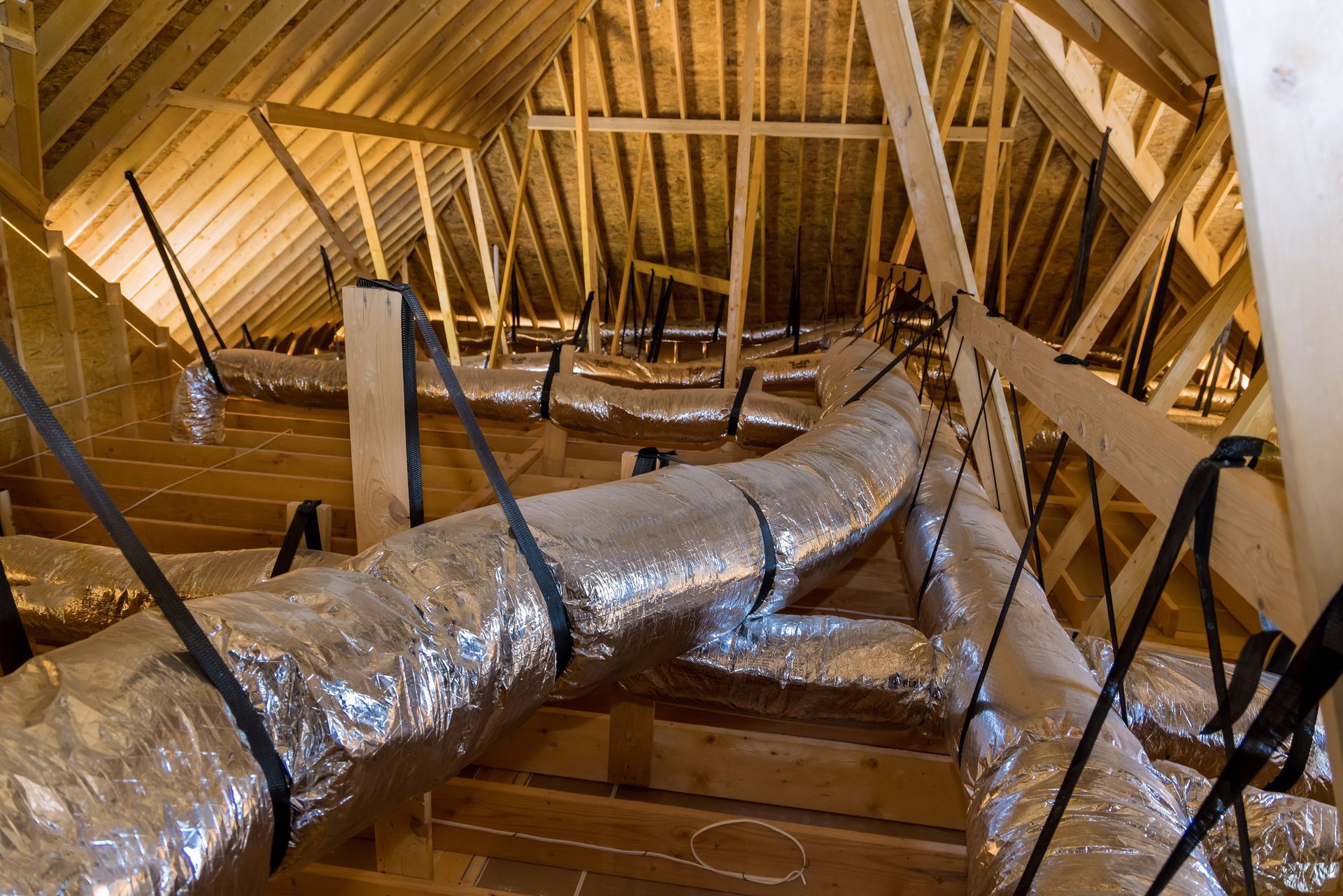Insulated HVAC ducts run through an unfinished attic with exposed wooden rafters and beams.
