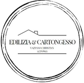 Logo circolare: testo "EDILIZIA & CARTONGESSO" con contorno di casa, contorno di cerchio nero e informazioni di contatto.