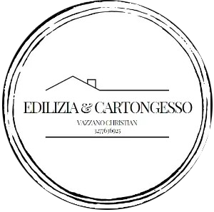 Logo circolare: testo "EDILIZIA & CARTONGESSO" con contorno di casa, contorno di cerchio nero e informazioni di contatto.