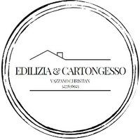 Logo circolare: testo "EDILIZIA & CARTONGESSO" con contorno di casa, contorno di cerchio nero e informazioni di contatto.