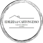 Logo circolare: testo "EDILIZIA & CARTONGESSO" con contorno di casa, contorno di cerchio nero e informazioni di contatto.