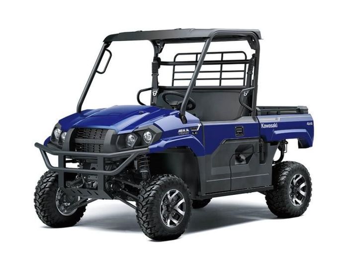 A blue Kawasaki Mule utility vehicle parked against a white background.
