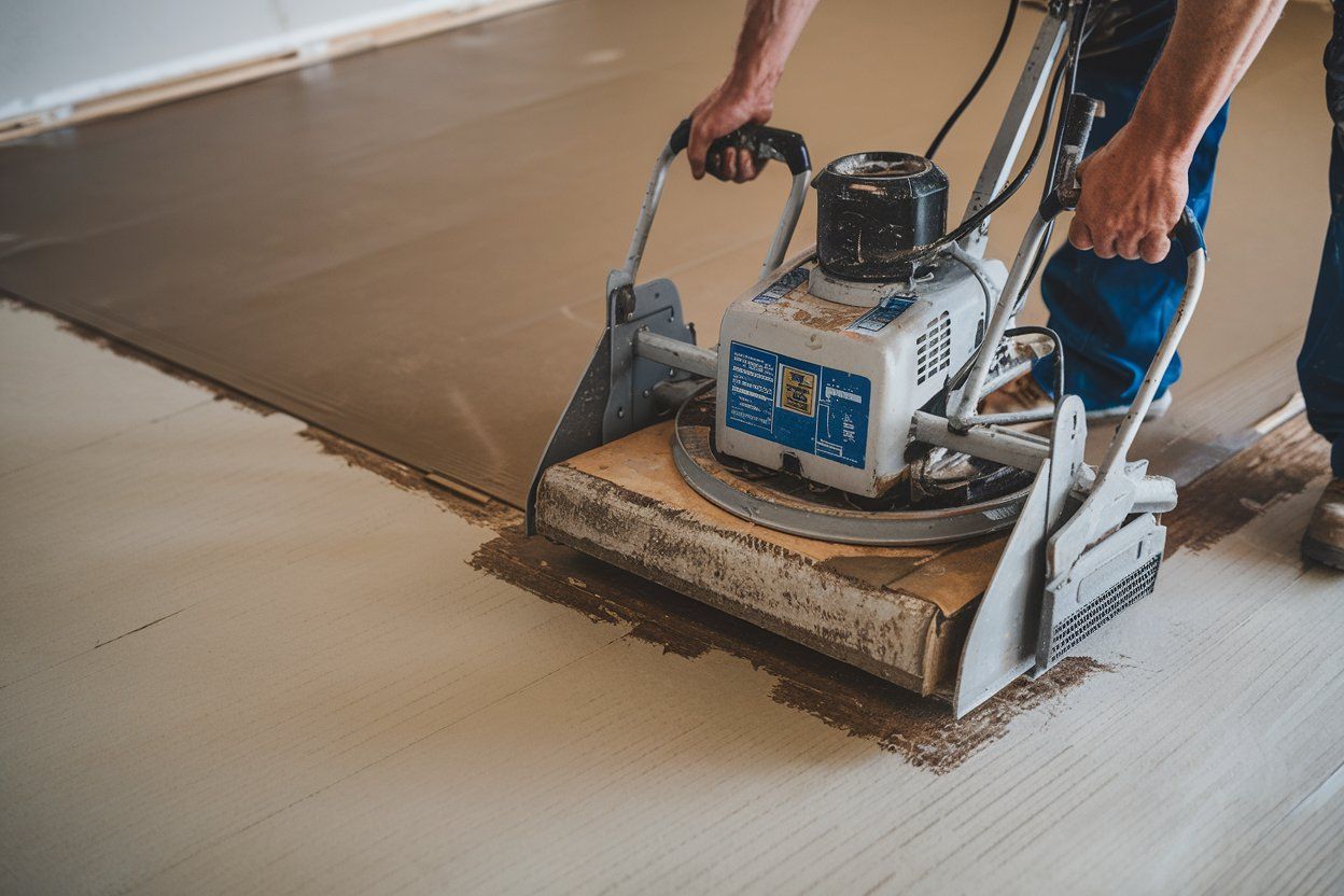 A man is using a machine to sand a floor.