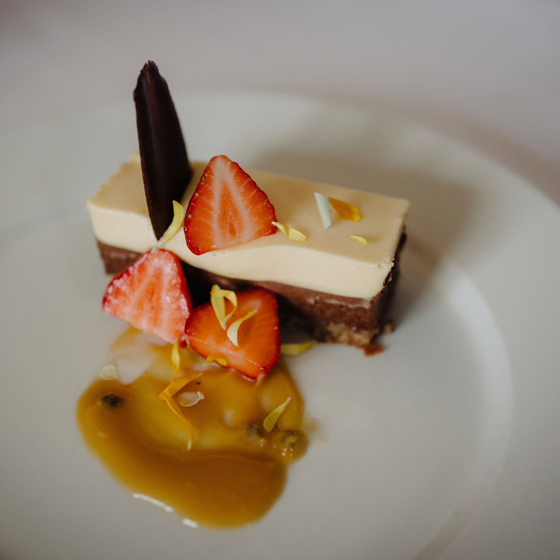 Dessert på hvit tallerken med sjokoladelag, jordbær, saus og pynt.