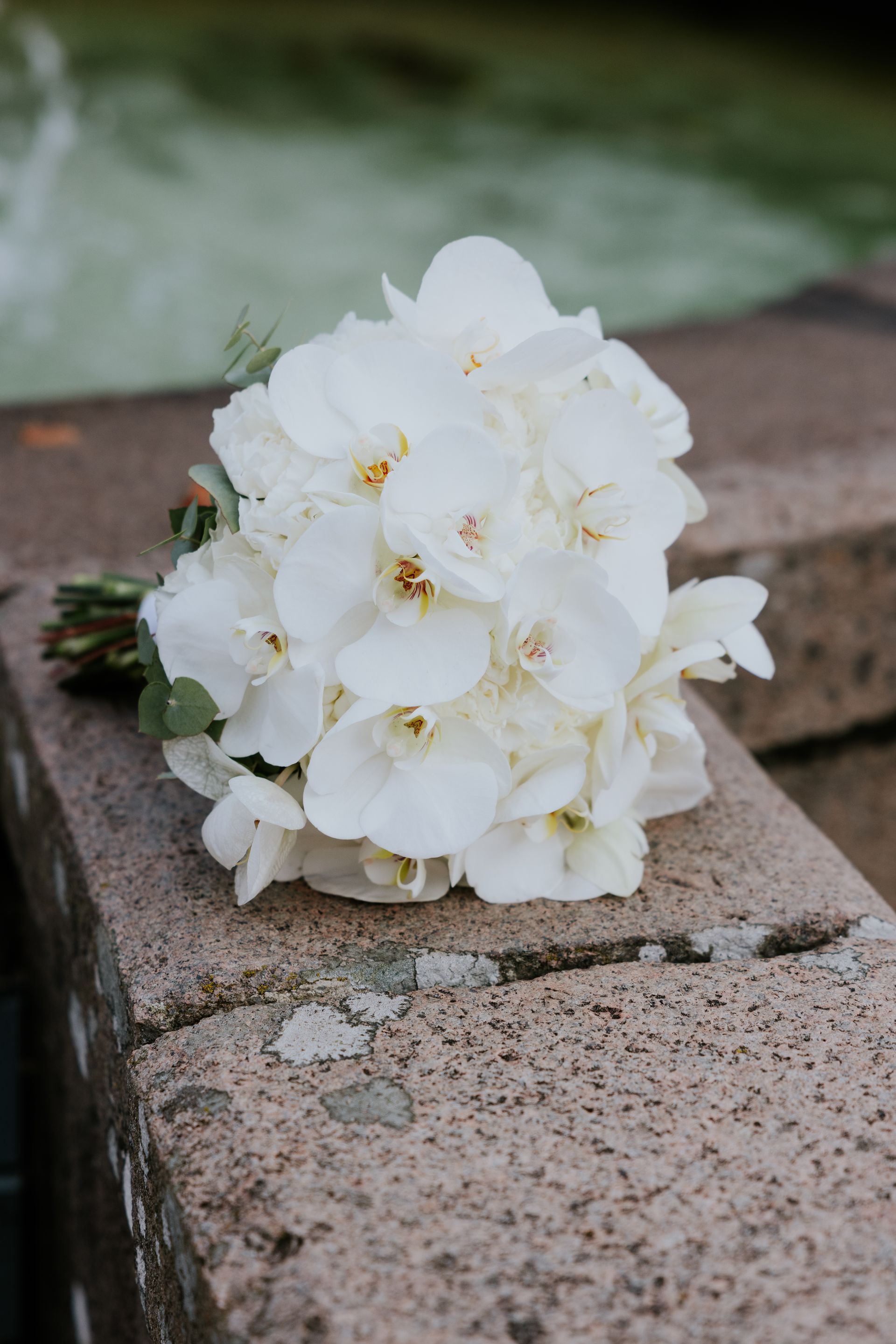 Hvit orkidebukett på en steinavsats, sannsynligvis en brudebukett.