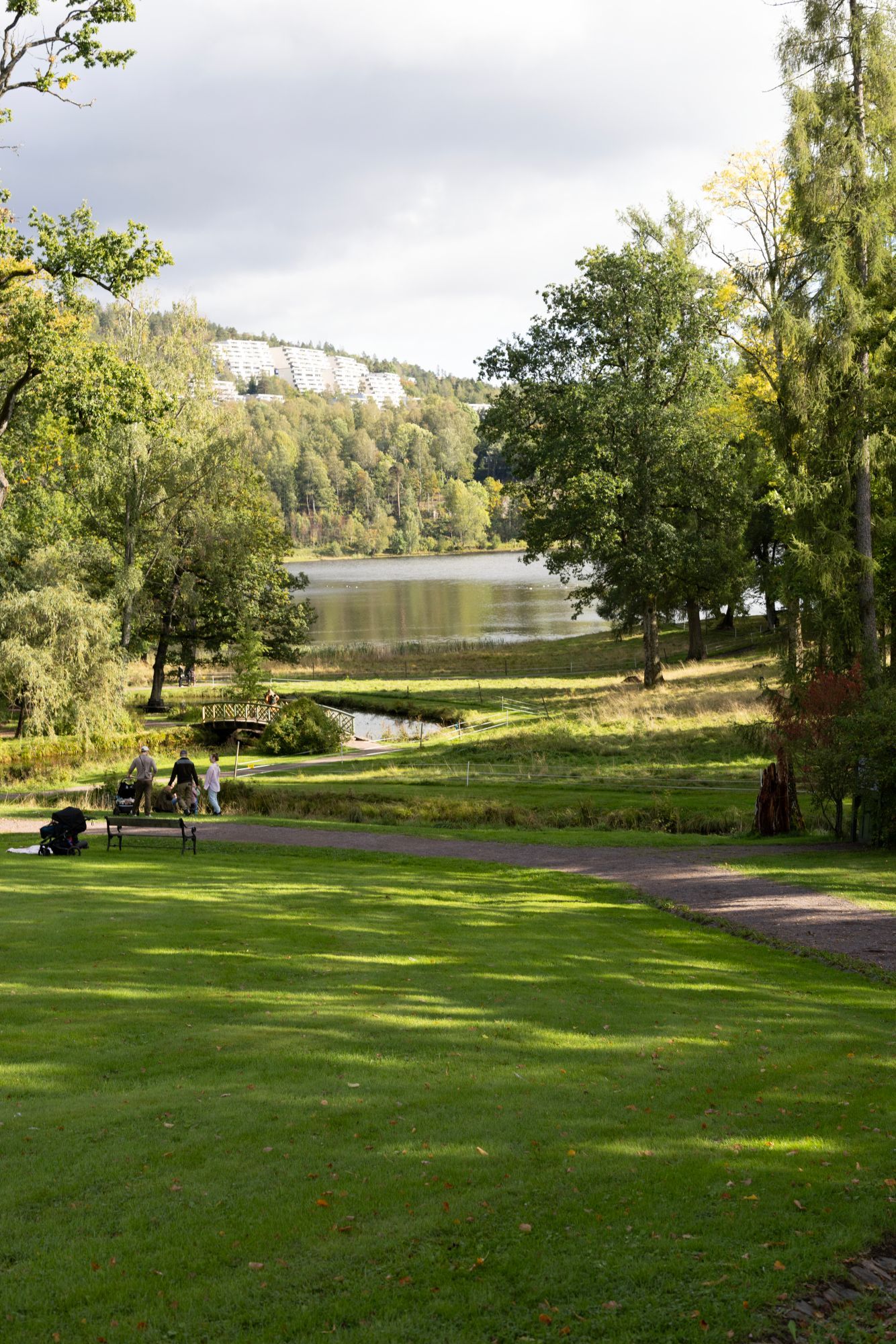 Parkscene med en innsjø i bakgrunnen. Folk på en benk i gresset, solskinnsdag.