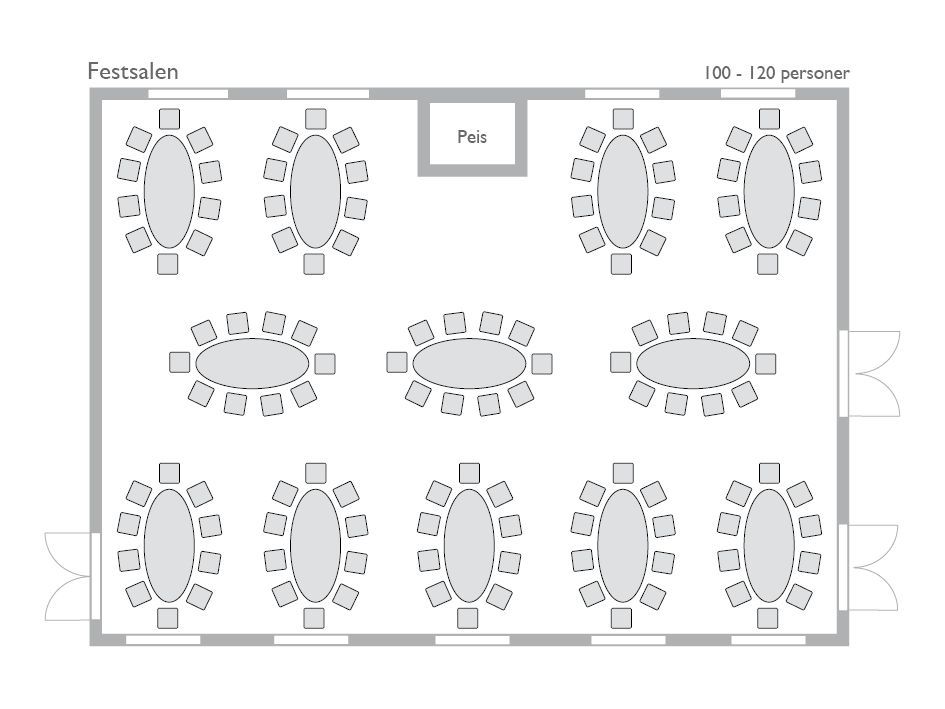 Bord oppsett 3 i Festsalen: 12 ovale bord gir plass til 100 til 120 personer