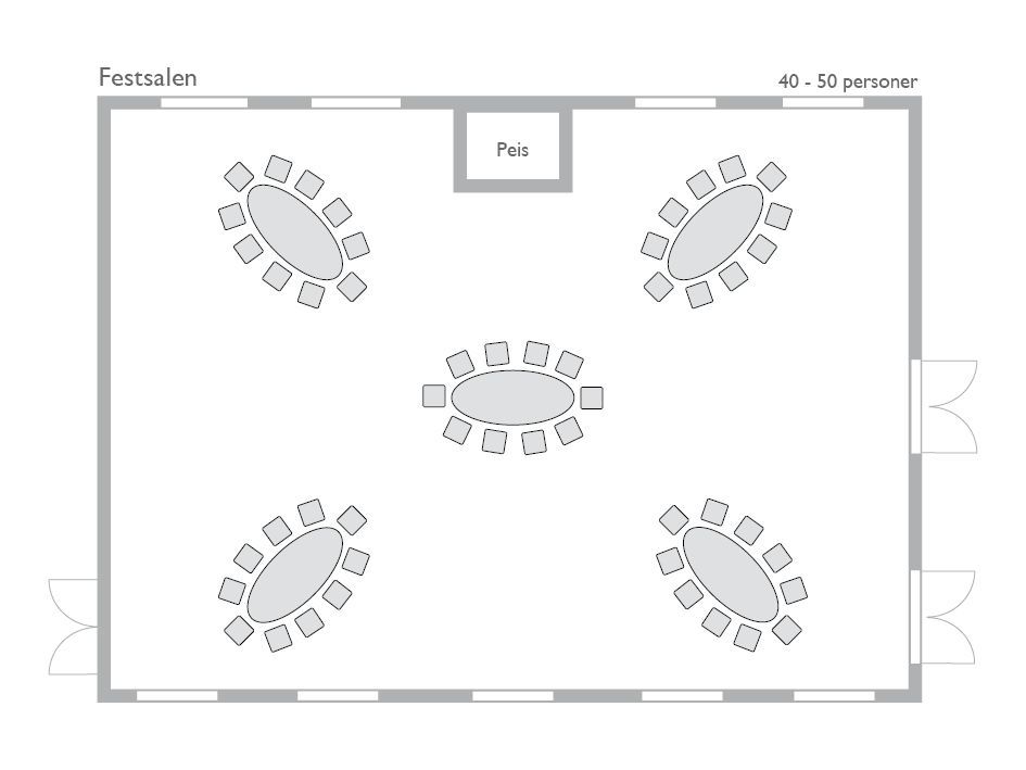 Bord oppsett 7 i Festsalen: 5 ovale bord med plass til 40 til 50 personer