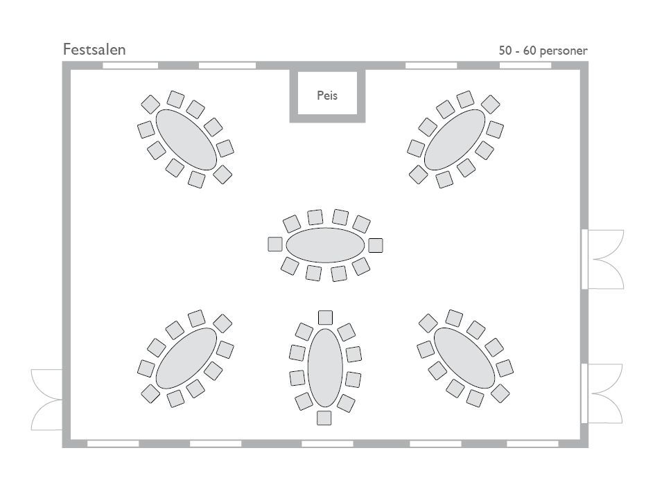 Bord oppsett 6 i Festsalen: 6 ovale bord med plass til 50 til 60 personer