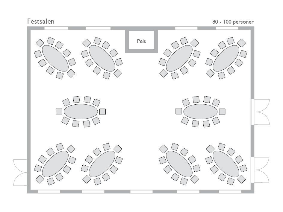 Bord oppsett 4 i Festsalen: 10 ovale bord med plass til 80 til 100 personer