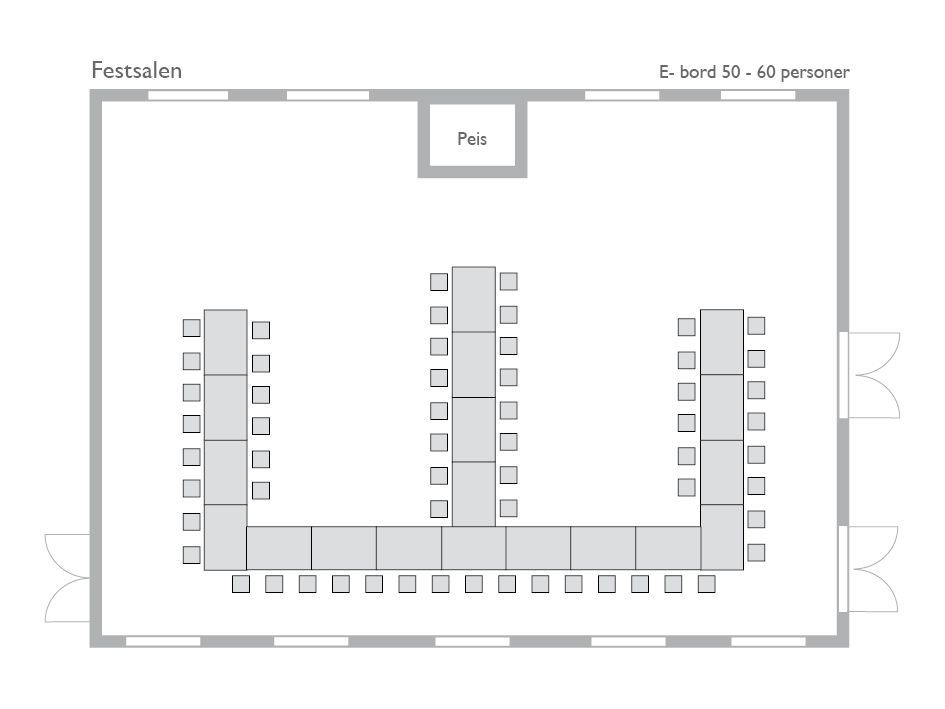 Bord oppsett 2 i Festsalen: E formet bord med plass til 50 til 60 personer.