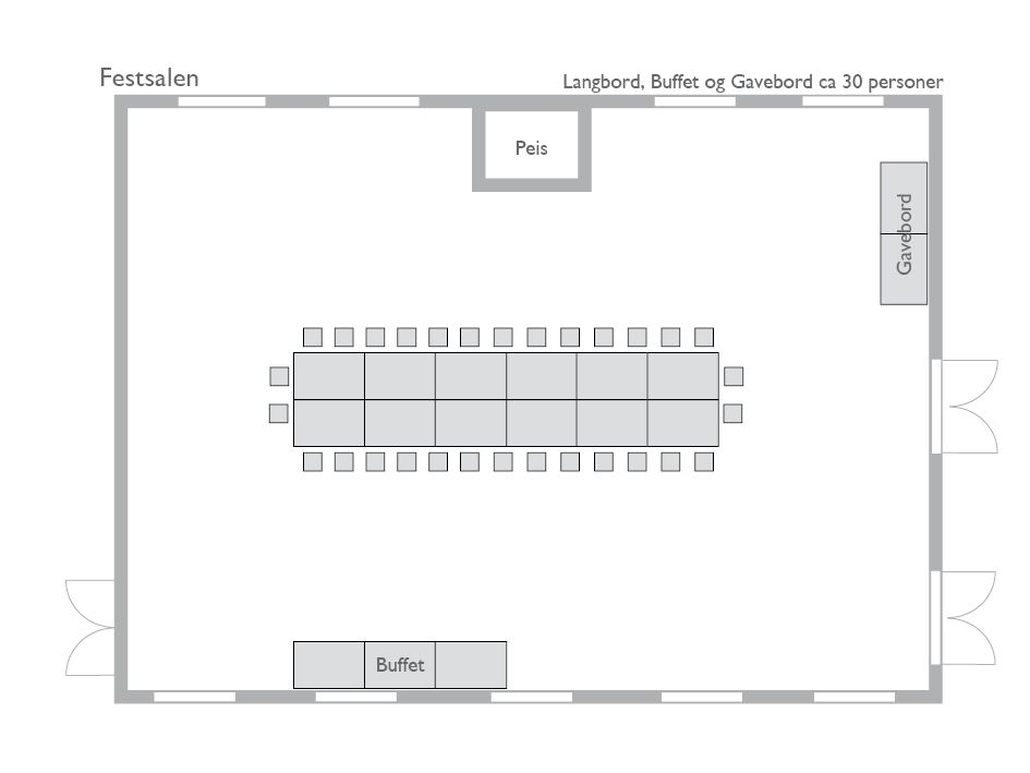 Bord oppsett 1 i Festsalen: Et langbord med plass til ca. 30 personer. Et buffet bord og et gavebord.