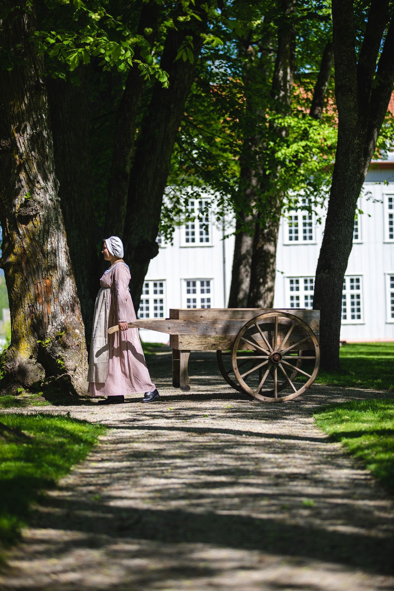 Omviser som går med gammeldags kjerre i en grønn allé.