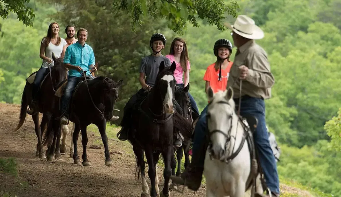 A group of people rides horses along a wooded path, led by an instructor on a white horse.
