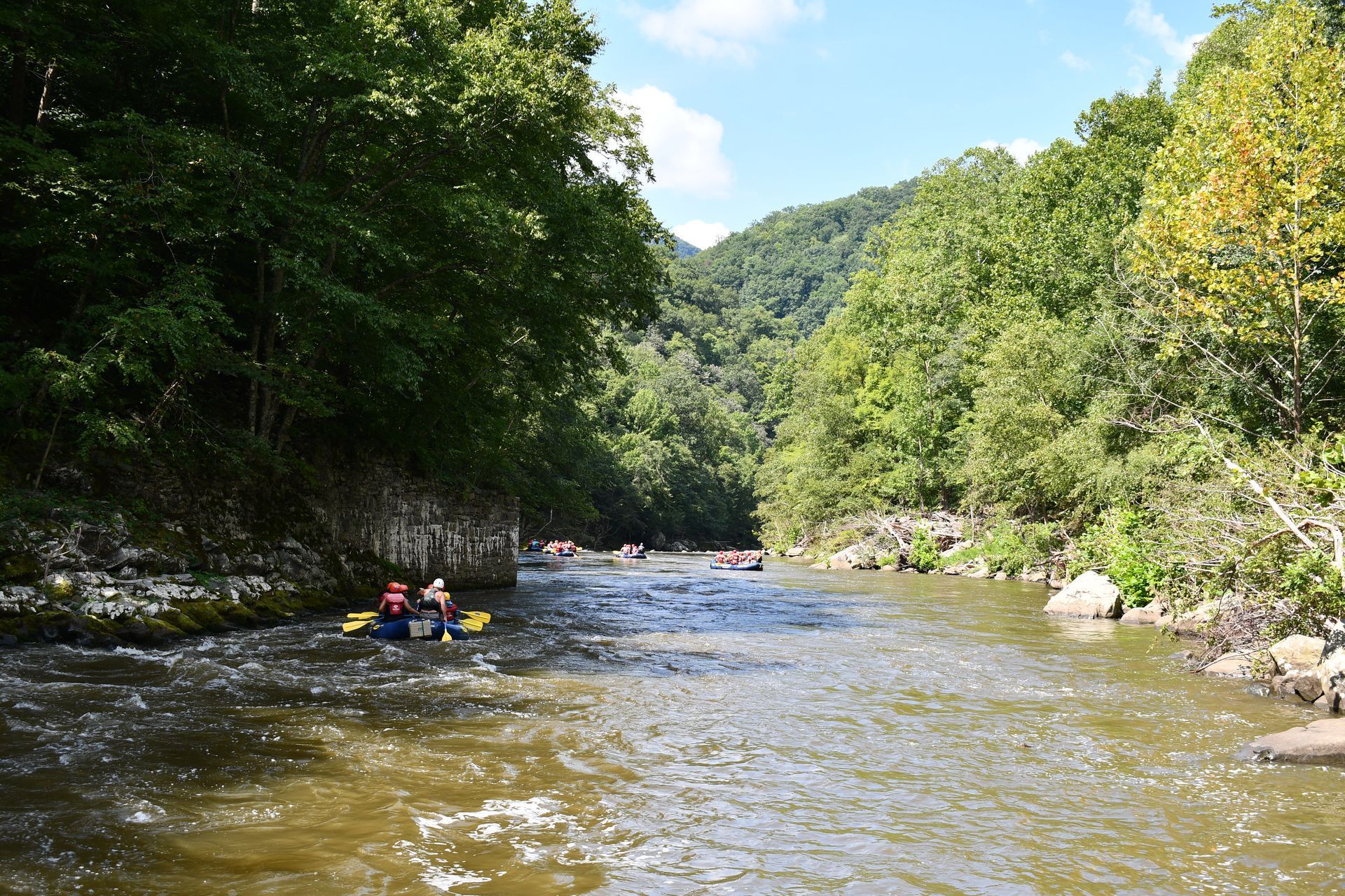 People in kayaks paddling down a river bordered by lush green forest under a partly cloudy sky.