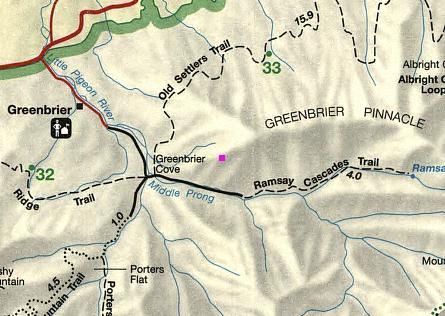A topographical map section showing the Greenbrier area, including trails, the Little Pigeon River, and terrain features.