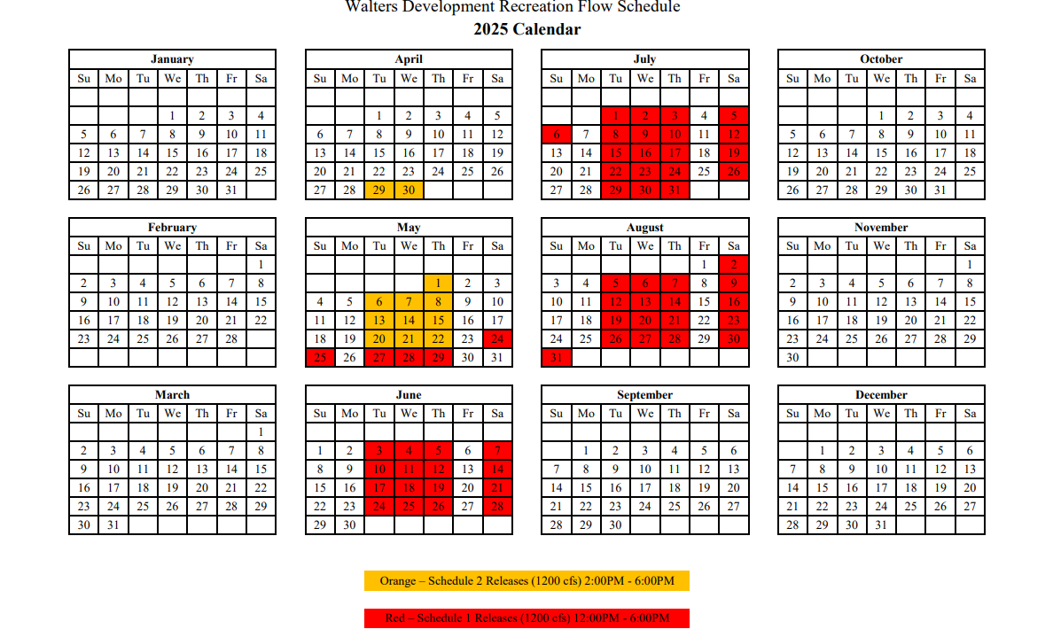 2025 calendar grid showing dates with yellow (spring break/in-service) and red (holidays/non-school) highlights.