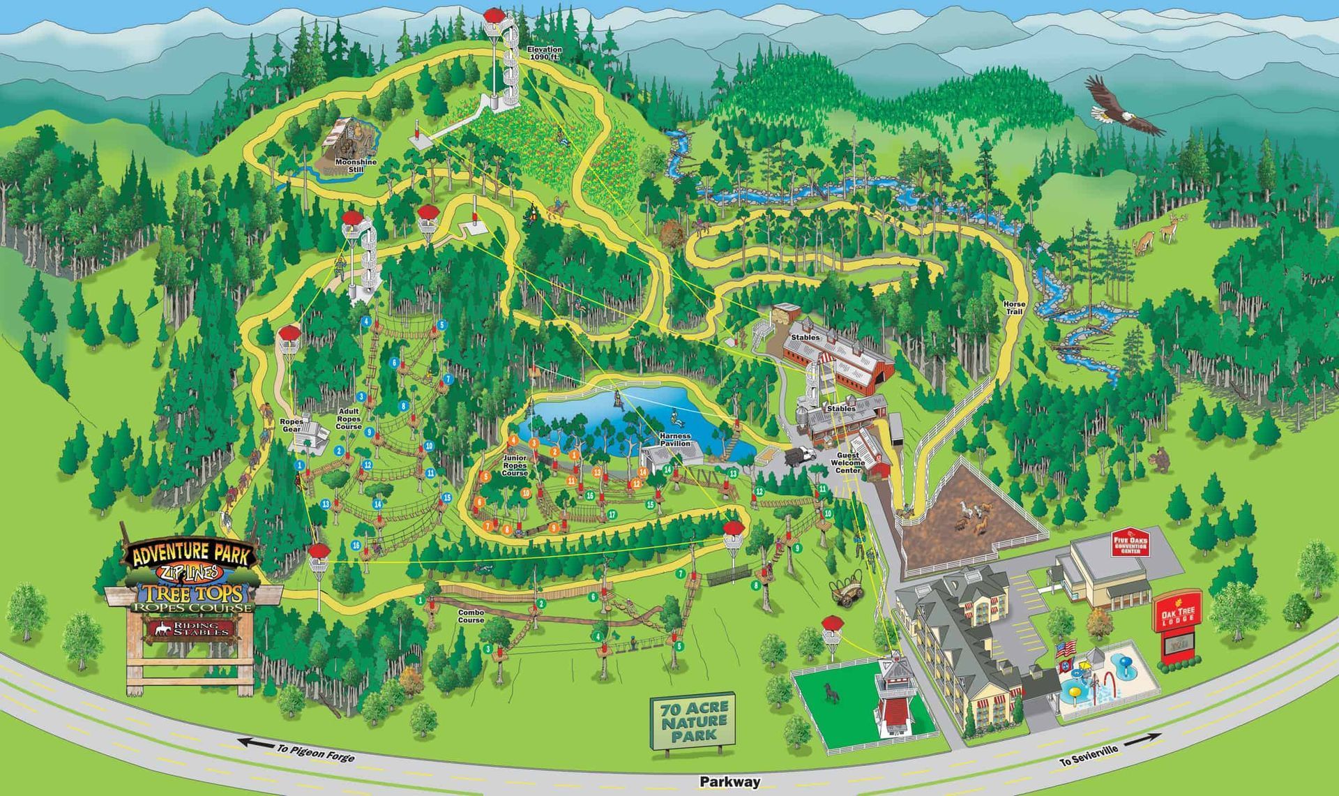 A colorful illustrated map of Whispering Pines park, featuring winding walking trails, a central pond, and forest grounds.