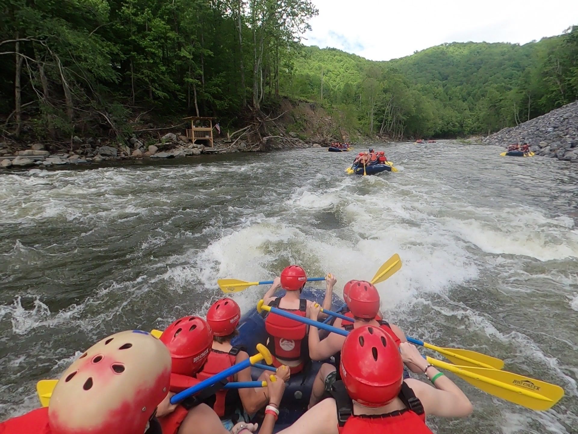 People whitewater rafting in red helmets and yellow paddles on a fast river surrounded by green forest