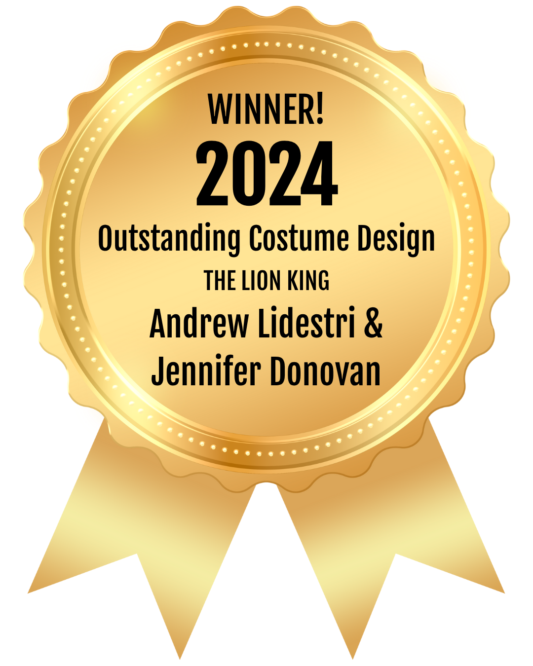 A gold ribbon that says winner 2024 outstanding costume design