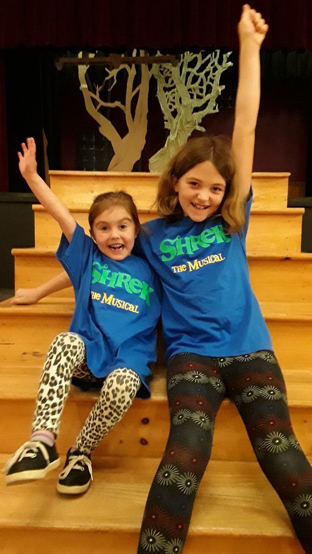 Two girls with their arms up, wearing Shrek T-shirts