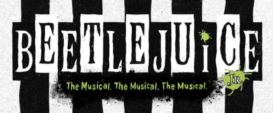The logo for the musical Beetlejuice is black and white