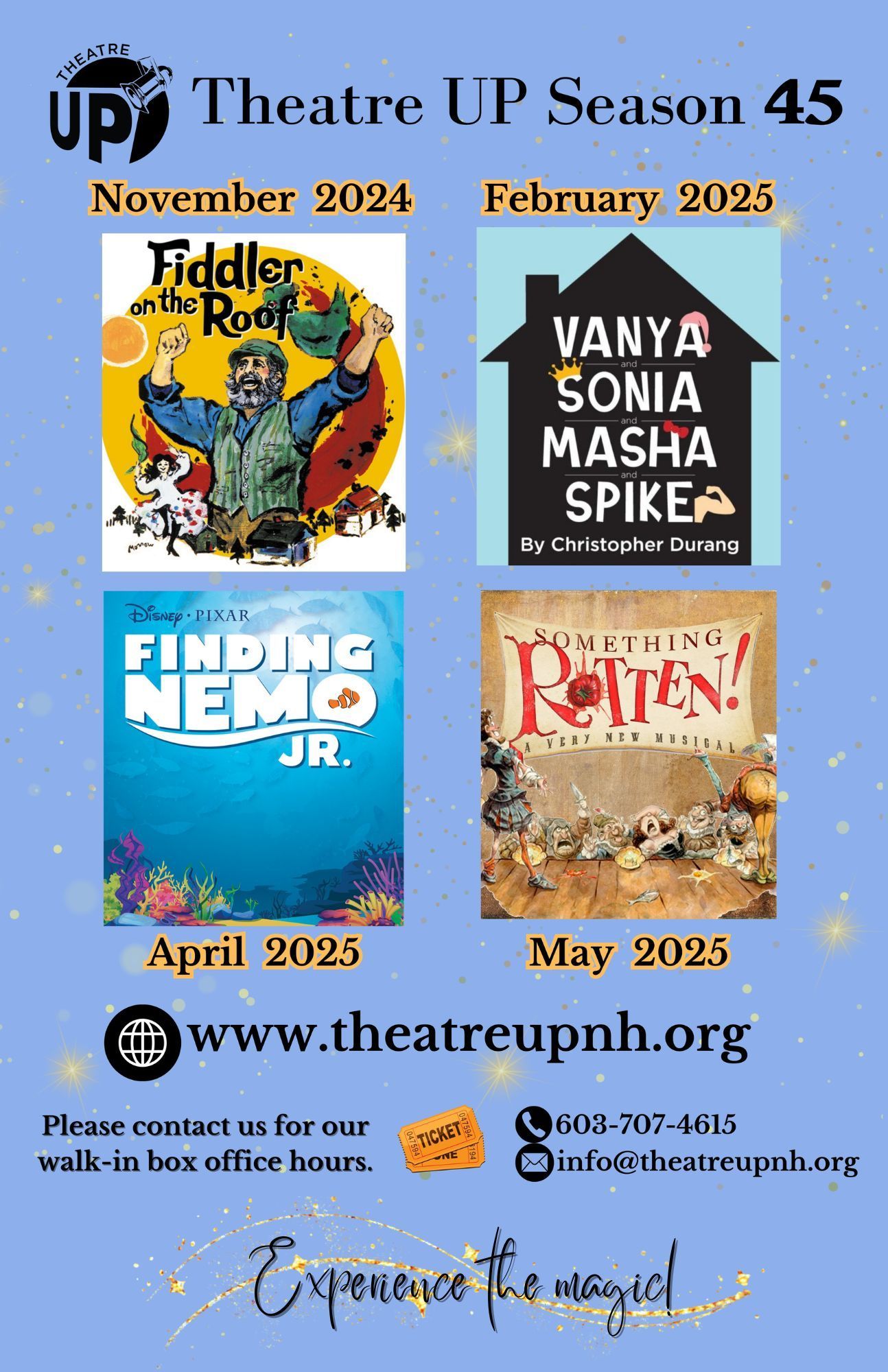 A poster for the theatre up season 45 shows four different shows.