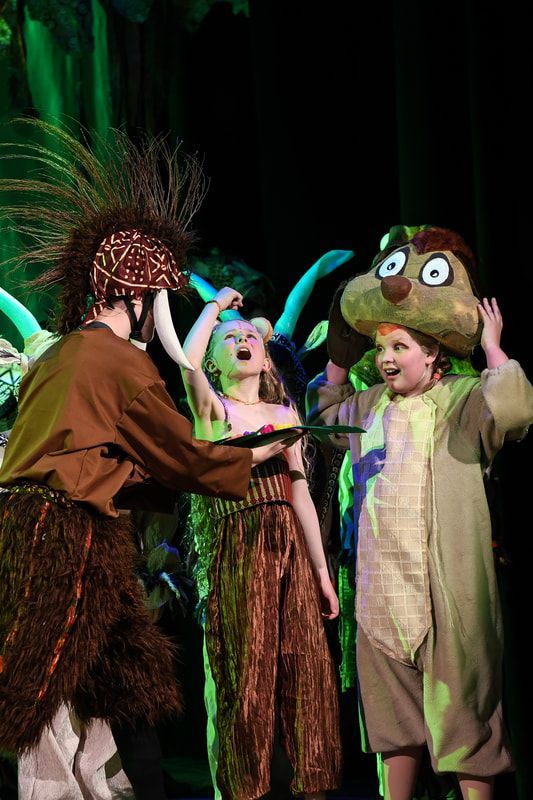 A group of people in costumes are standing on a stage.
