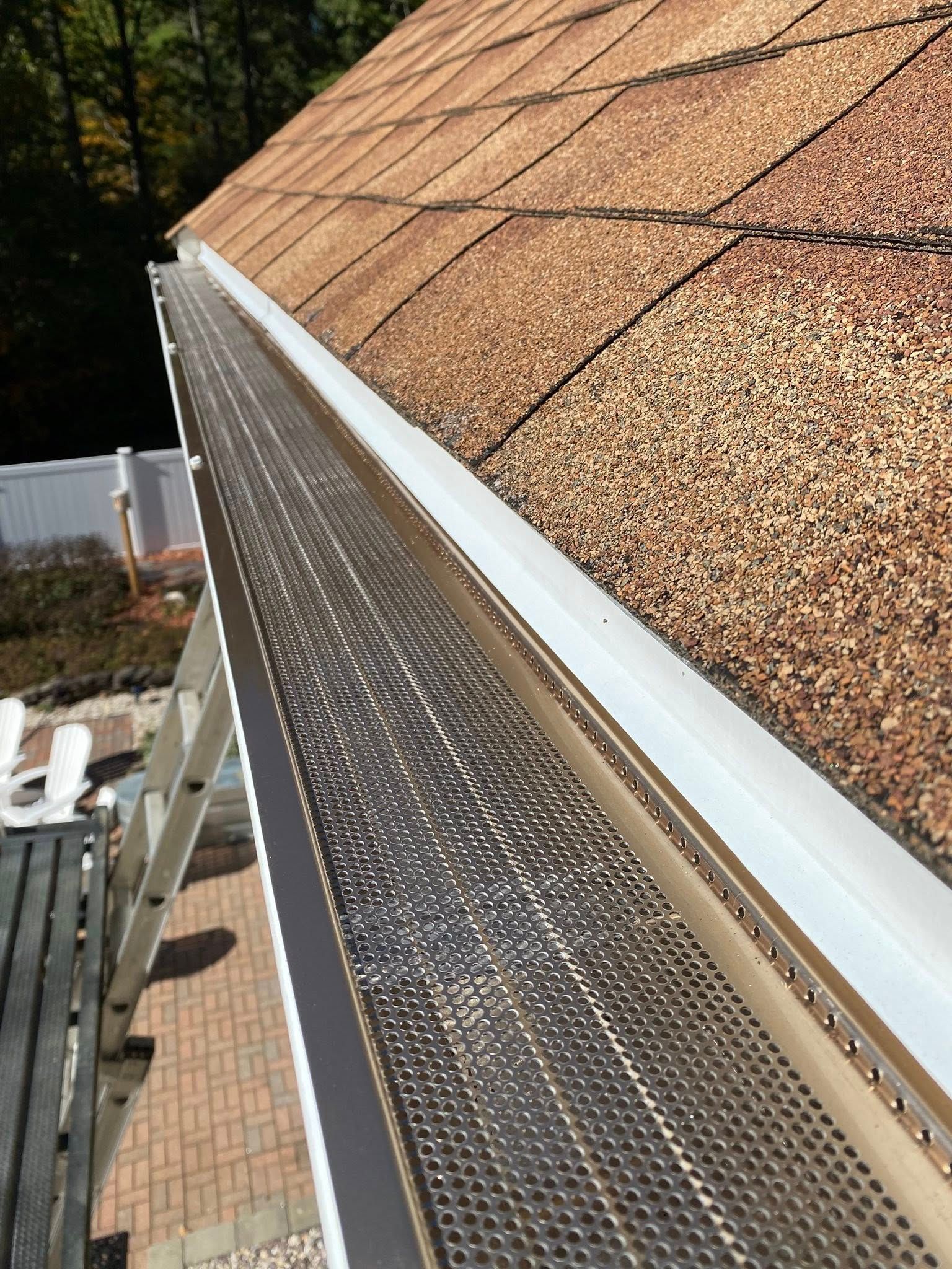 Gutter with mesh guard along a roofline; ladder nearby, view from above.