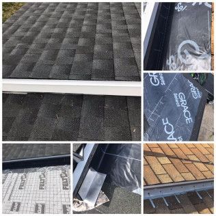 Roof installation process: close-ups of shingles, flashing, and underlayment materials.