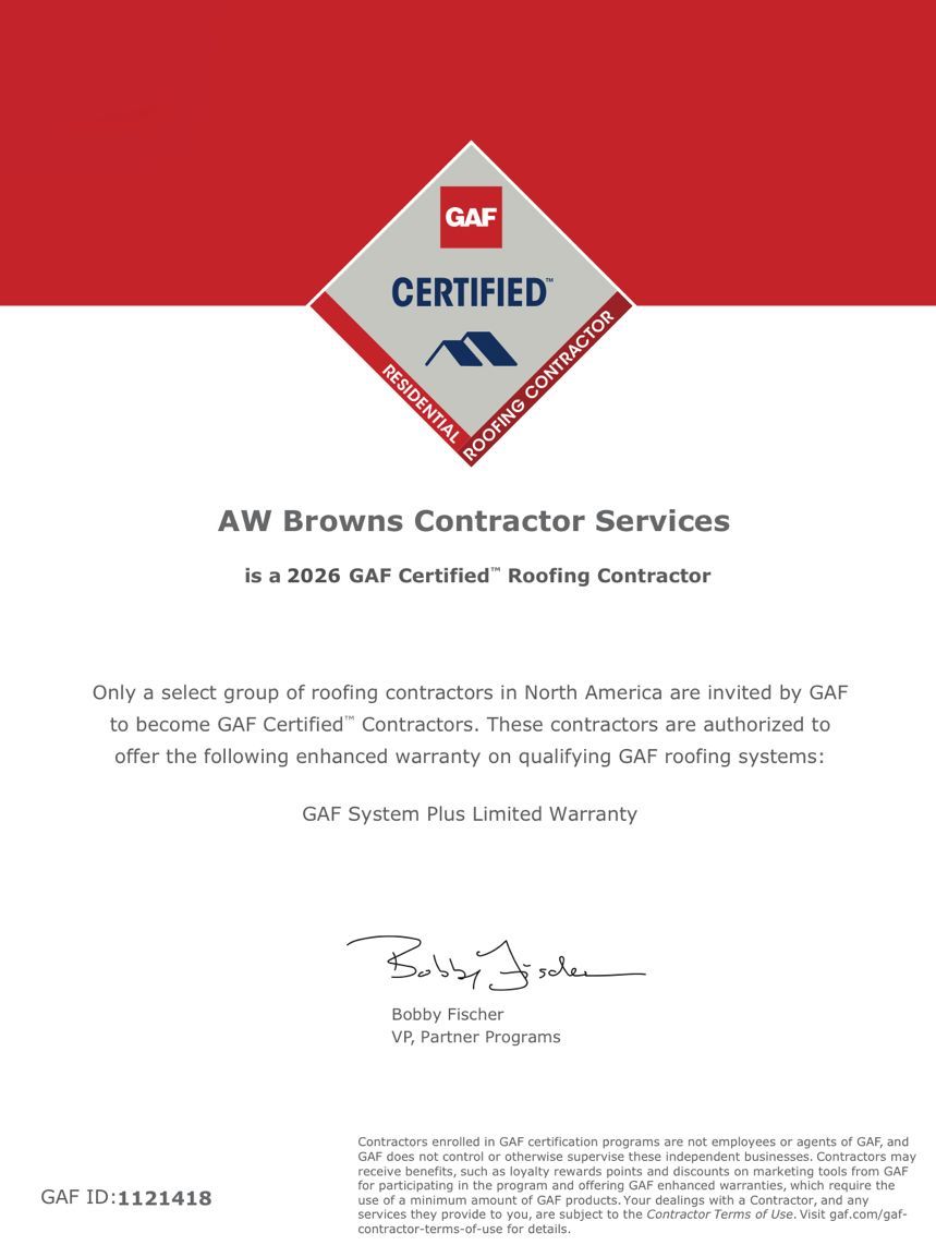 GAF Certified Roofing Contractor certificate for AW Browns Contractor Services. 