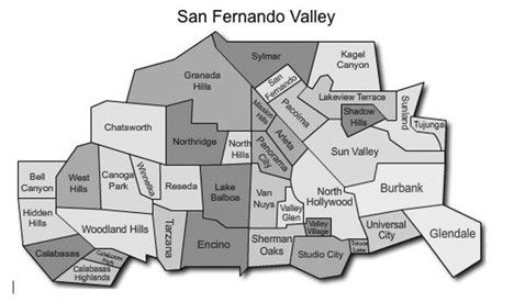 Map of the San Fernando Valley showing neighborhoods like Burbank, North Hollywood, and Encino.