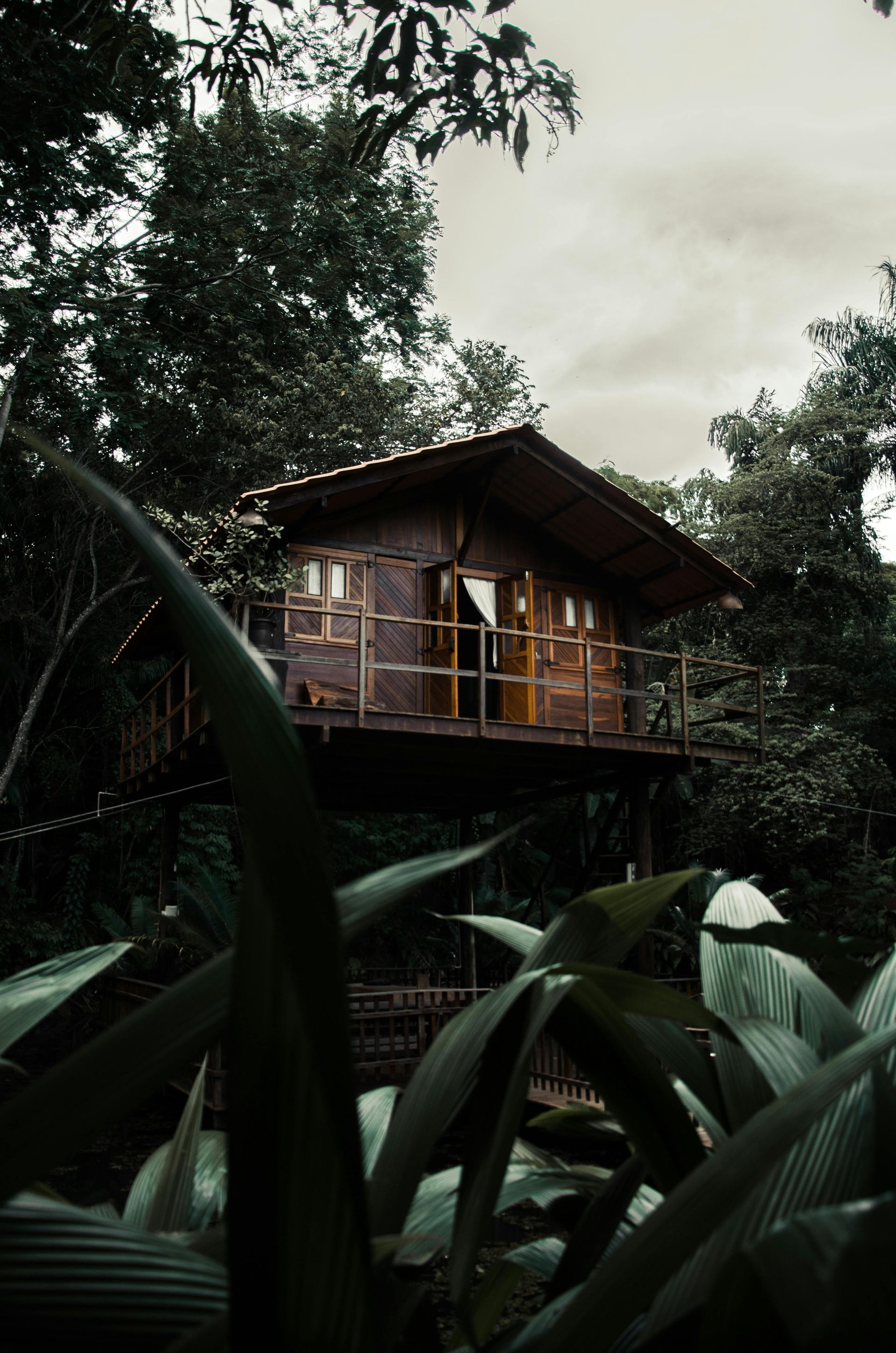 Wooden treehouse nestled in lush green foliage. Cloudy sky.