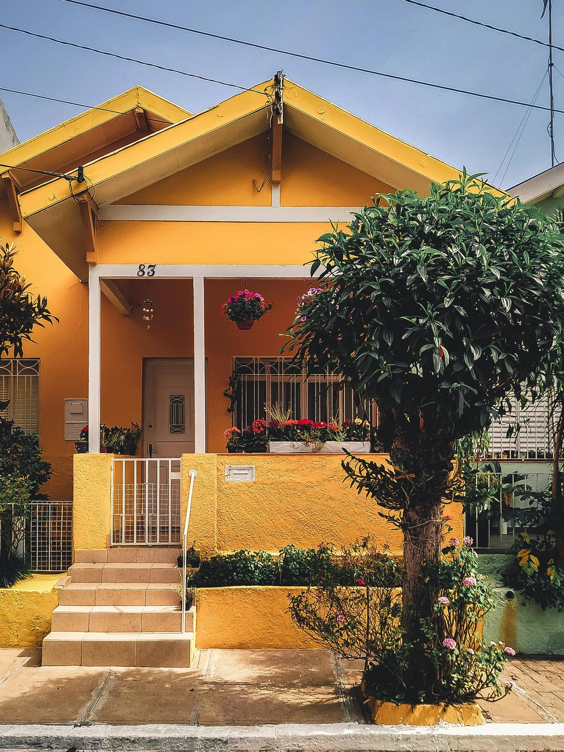 Yellow house with porch, steps, and small tree out front.